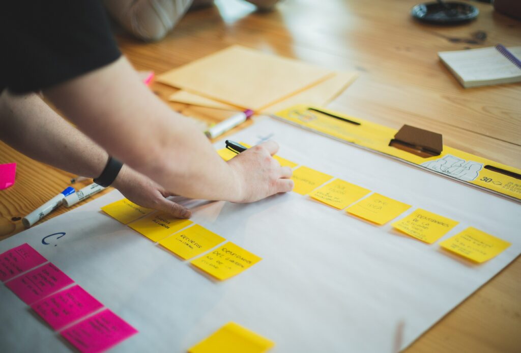 Schreibziele setzen. Person klebt Post-it-Zettel auf.