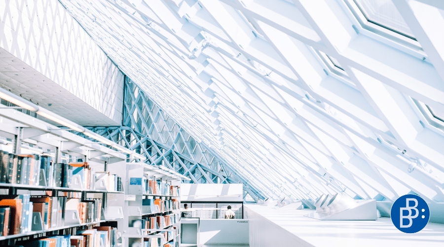 View of library shelves